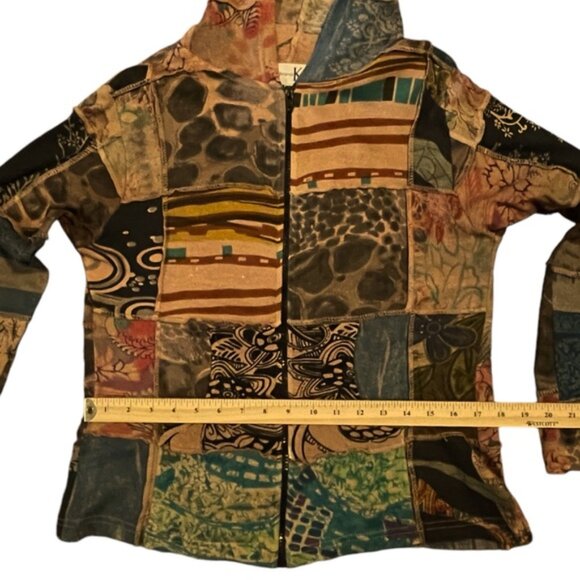 Boho Hoodie Patchwork Hooded Cardigan Cotton Zip Sweater Exposed Seam Earthtones - Picture 12 of 16